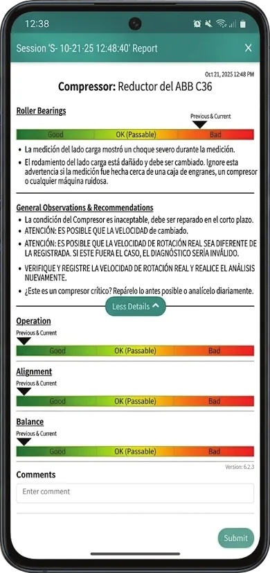 Reporte de VIBZER en la app: semáforo de estado para rodamientos, operación, alineación y balance, con recomendaciones
